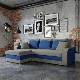 Kris M Corner Sofa Bed With Storage Ottoman Polyurethane Foam Wooden Frame Plastic Legs 238X147X80Cm Grey And Blue