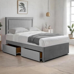 Grey Plush 4Ft Small Double Bed With Matttress  2 Storage Drawers And 20 Inch Plain Borderd Headboard - thumbnail 1