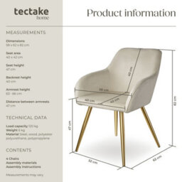 Tectake Set Of 4 Chair Marilyn With Velvet Cover, Gold Steel Legs And Plush Padding  - Cream/gold - thumbnail 6