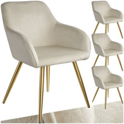 Tectake Set Of 4 Chair Marilyn With Velvet Cover, Gold Steel Legs And Plush Padding  - Cream/gold