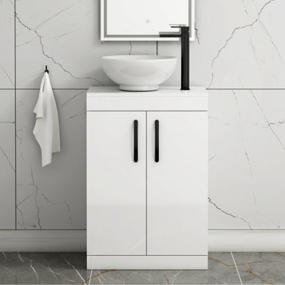 Royal Bathrooms 600mm Floor Standing Vanity Unit 2 Door Gloss White & Countertop Basin - Breeze With Matt Black Handle - image 1