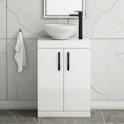Royal Bathrooms 600mm Floor Standing Vanity Unit 2 Door Gloss White & Countertop Basin - Breeze With Matt Black Handle - thumbnail 1