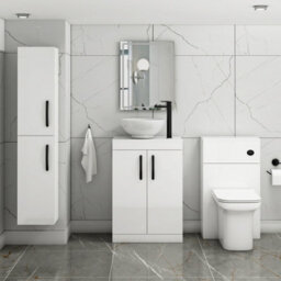 Royal Bathrooms 600mm Floor Standing Vanity Unit 2 Door Gloss White & Countertop Basin - Breeze With Matt Black Handle - thumbnail 2