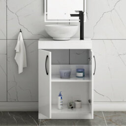 Royal Bathrooms 600mm Floor Standing Vanity Unit 2 Door Gloss White & Countertop Basin - Breeze With Matt Black Handle - thumbnail 3