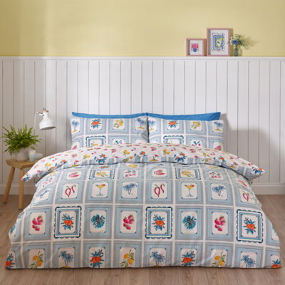 Catherine Lansfield Riviera Tiles Reversible Double Duvet Cover Set With Pillowcases Blue - image 1