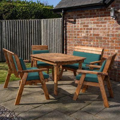 Samuel Alexander Hand Made 6 Seater Rustic Wooden Garden Furniture Set. Table, Bench, Chairs & Green Cushions - image 1