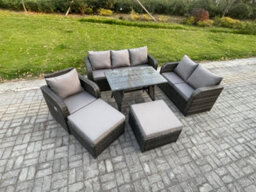 Fimous Rattan Garden Furniture Dining Set 8 Seater Patio Rectangular Table 2 Big Footstool Love Sofa Reclining Chair - thumbnail 2
