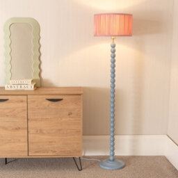 Valuelights Bobbins Powder Blue Floor Lamp With Ruched Pleated Blush Pink Drum Shade And Led Bulb - thumbnail 1