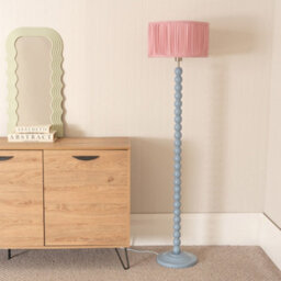 Valuelights Bobbins Powder Blue Floor Lamp With Ruched Pleated Blush Pink Drum Shade And Led Bulb - thumbnail 3