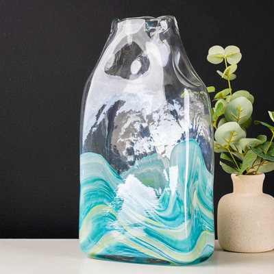 Vanity Living 34Cm Clear And Blue Ocean Design Handmade Glass Vase, Decorative Tall Vase For Living Room