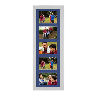 AK Frames 26X8 Silver Sleek Multi Photo Frame With Blue Mount - Holds 5 Apertures (5X) 6X4 Photos - image 1