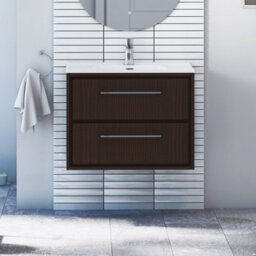 Royal Bathrooms Livora 700mm Walnut Woodgrain Wall Hung Bathroom Vanity Unit 2 Drawer Storage Cabinet With Ceramic Basin