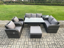 Fimous Dark Grey Wicker Rattan Garden Furniture Set Reclining Chair Love Sofa 2 Seater Sofa Set Outdoor Dining Table Side Table - thumbnail 1