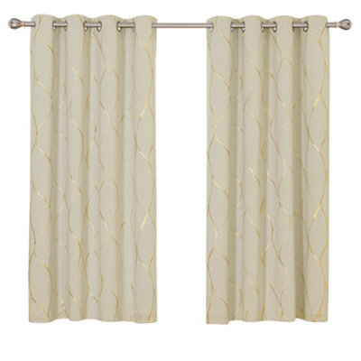 Deconovo Eyelet Curtains, Thermal Insulated Room Darkening Curtains, Gold Wave Foil Printed Curtains W66 X L54 Inch, Beige, 1 Pair - image 1