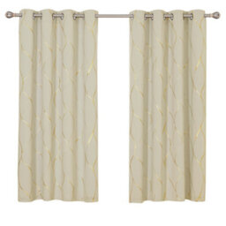Deconovo Eyelet Curtains, Thermal Insulated Room Darkening Curtains, Gold Wave Foil Printed Curtains W66 X L54 Inch, Beige, 1 Pair - thumbnail 1