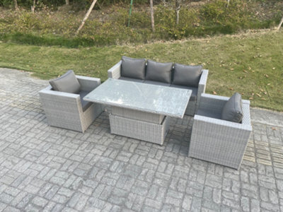 Fimous Rattan Garden Funiture Set Adjustable Rising Lifting Table Sofa Dining Set With 2 Arm Chair - image 1