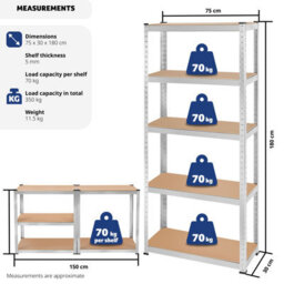 Tectake Garage Shelving - Heavy-Duty Galvanised Steel Frame, Height-Adjustable Shelves - 30 X 75 X 180 Cm - 350 Kg - Silver - thumbnail 6