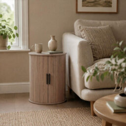 Home Source Grova Wooden Tall Round Side Table Cabinet With Tambour Storage Doors - Walnut - thumbnail 1