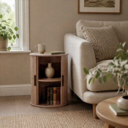 Home Source Grova Wooden Tall Round Side Table Cabinet With Tambour Storage Doors - Walnut - thumbnail 2