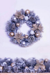 Christmas Tree World 50Cm Decorated Silver Mixed Pine Wreath With Rose Gold Poinsettia - thumbnail 9