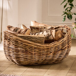 Dibor Traditional Style Wicker Boat Large Fireplace Log Storage Basket - thumbnail 1