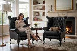 Chesterfield 2 X Chairs Old English Black Leather Chairs Offer In Queen Anne Style - thumbnail 3