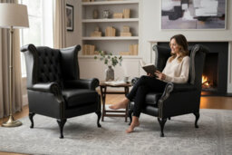 Chesterfield 2 X Chairs Old English Black Leather Chairs Offer In Queen Anne Style - thumbnail 2