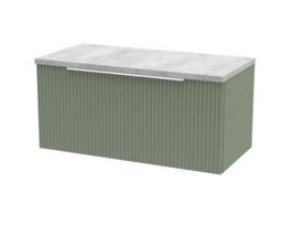 Hudson Reed Fluted Wall Hung 1-Drawer Vanity Unit & Bellato Grey Laminate Worktop, Counter Top Vanity Unit In Satin Green, 800mm