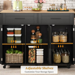 Btm Kitchen Island On Wheels With Drop Leaf Adjustable Shelves Storage Cabinet And Drawers Serving Trolley - thumbnail 4