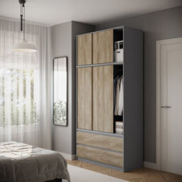 Urbn-Living Urbnliving 240Cm Height Grey Carcass 6 Sliding Oak Door 4 Drawer Freestanding Wardrobe Clothes Storage Hanging Rail Bedroom - thumbnail 4