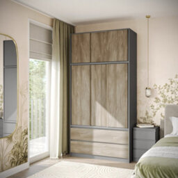 Urbn-Living Urbnliving 240Cm Height Grey Carcass 6 Sliding Oak Door 4 Drawer Freestanding Wardrobe Clothes Storage Hanging Rail Bedroom - thumbnail 2