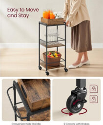Songmics Vasagle Kitchen Utility Cart, Rolling Serving Trolley With Storage, Removable Tray, Brakes, Rustic Brown And Black - thumbnail 3