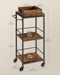 Songmics Vasagle Kitchen Utility Cart, Rolling Serving Trolley With Storage, Removable Tray, Brakes, Rustic Brown And Black - thumbnail 2