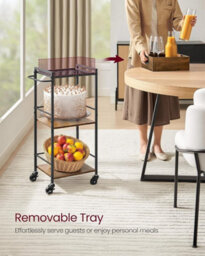 Songmics Vasagle Kitchen Utility Cart, Rolling Serving Trolley With Storage, Removable Tray, Brakes, Rustic Brown And Black - thumbnail 4