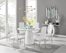 Furniturebox Uk Palma White High Gloss Round Dining Table & 6 White Milan Chrome Leg Chairs - thumbnail 1