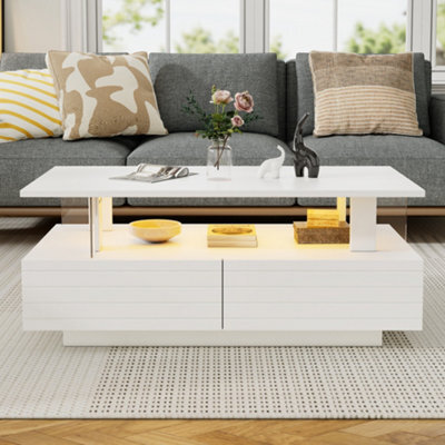 Btm Coffee Table With Open Storage, 2 Drawers, Led End Table, Sofa And Office Table, Rectangle, White Particleboard And Acrylic - image 1