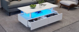 Btm Coffee Table With Open Storage, 2 Drawers, Led End Table, Sofa And Office Table, Rectangle, White Particleboard And Acrylic - thumbnail 9