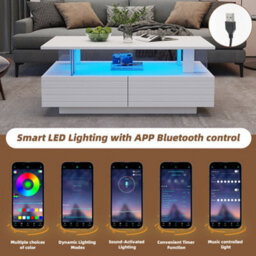 Btm Coffee Table With Open Storage, 2 Drawers, Led End Table, Sofa And Office Table, Rectangle, White Particleboard And Acrylic - thumbnail 6