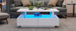 Btm Coffee Table With Open Storage, 2 Drawers, Led End Table, Sofa And Office Table, Rectangle, White Particleboard And Acrylic - thumbnail 8