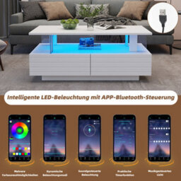 Btm Coffee Table With Open Storage, 2 Drawers, Led End Table, Sofa And Office Table, Rectangle, White Particleboard And Acrylic - thumbnail 5