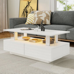 Btm Coffee Table With Open Storage, 2 Drawers, Led End Table, Sofa And Office Table, Rectangle, White Particleboard And Acrylic - thumbnail 2