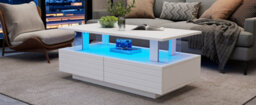 Btm Coffee Table With Open Storage, 2 Drawers, Led End Table, Sofa And Office Table, Rectangle, White Particleboard And Acrylic - thumbnail 4