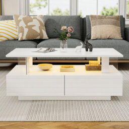 Btm Coffee Table With Open Storage, 2 Drawers, Led End Table, Sofa And Office Table, Rectangle, White Particleboard And Acrylic - thumbnail 1