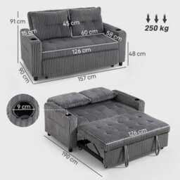 Wyld Haus Noripa Dark Grey Corduroy 2-Seater Click-Clack Sofa Bed - Charcoal Grey, Storage, Cup Holders - thumbnail 3