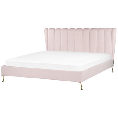 Beliani Bed Velvet Miribel 180 X 200 Cm (Eu Super King) Pastel Pink - image 1