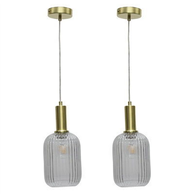 First Choice Lighting Set Of 2 Batley - Clear Ribbed Glass Satin Brass Deco Pendant Fittings - image 1