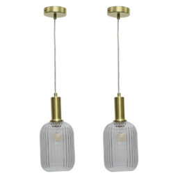 First Choice Lighting Set Of 2 Batley - Clear Ribbed Glass Satin Brass Deco Pendant Fittings - thumbnail 1