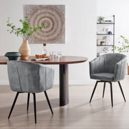 Grey Velvet Dining Chair With Swivel Black Legs Set Of 2