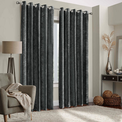 Aspire Homeware Charcoal Velvet Curtain Room Darkening Blackout Eyelet Curtain Pair (W)168Cm X (D)183Cm With Tie Back Pair