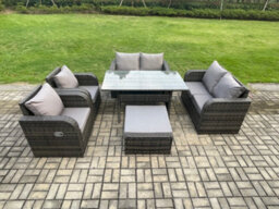Fimous Rattan Outdoor Furniture Garden Dining Set Rectangular Table And Chair Sofa Set With Big Footstool Dark Grey Mixed - thumbnail 1